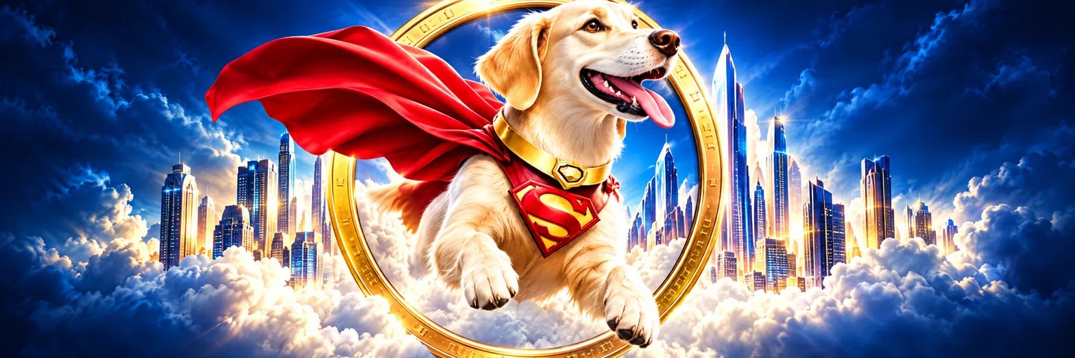 A golden retriever in a red cape bursts out of a giant gold coin above a crystal city